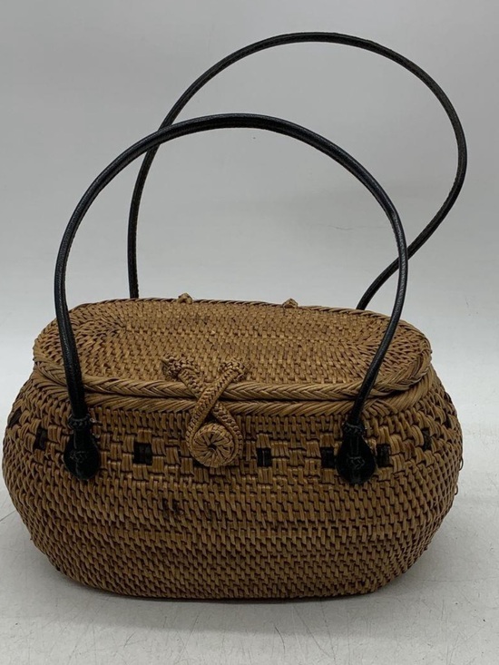 Handbags - Vintage Rattan Woven Boho Handbag Brown Basket Purse Blue Batik Lining